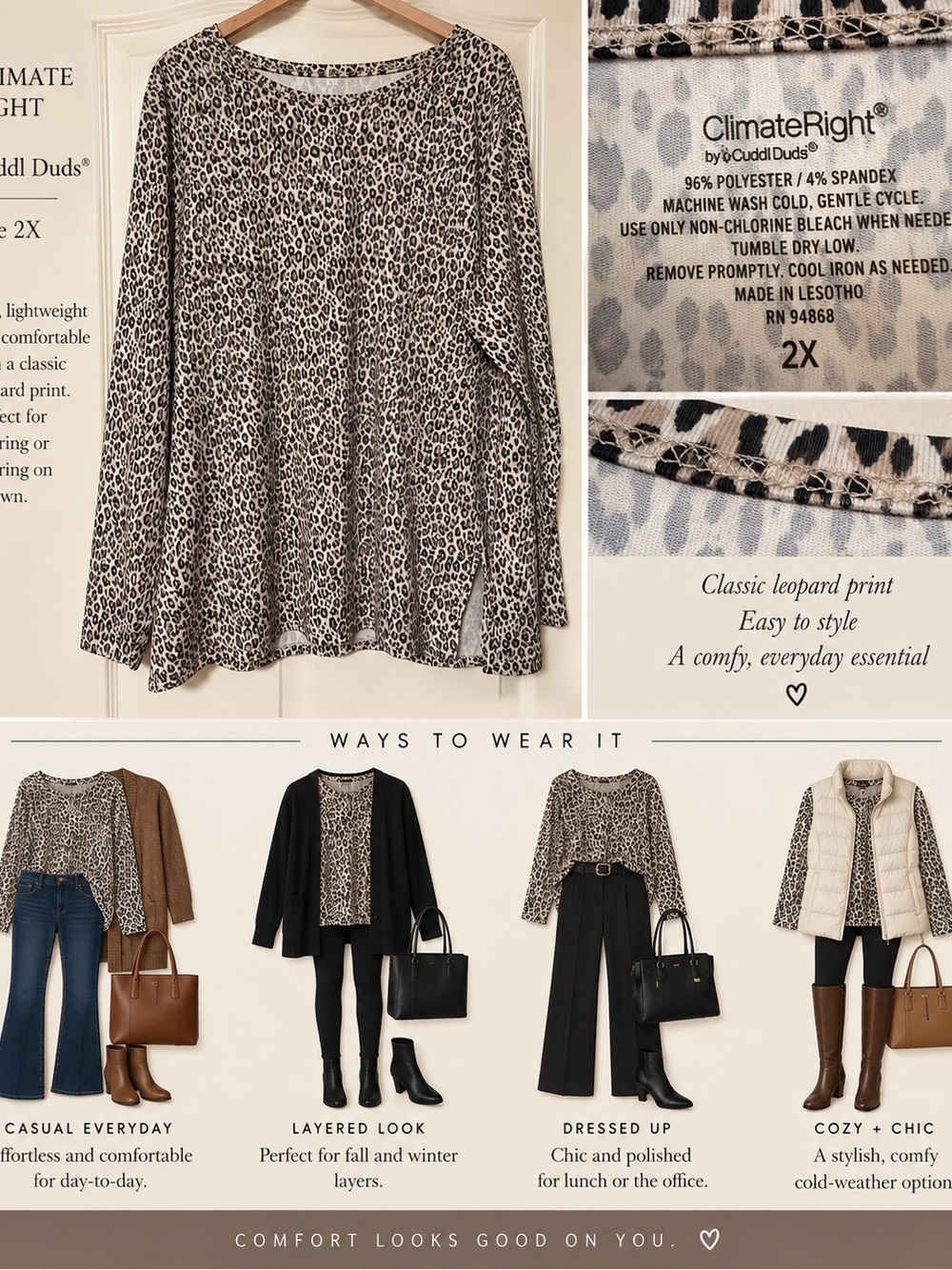 ClimateRight Women's Long Sleeve Leopard Print Top - Beige/Black